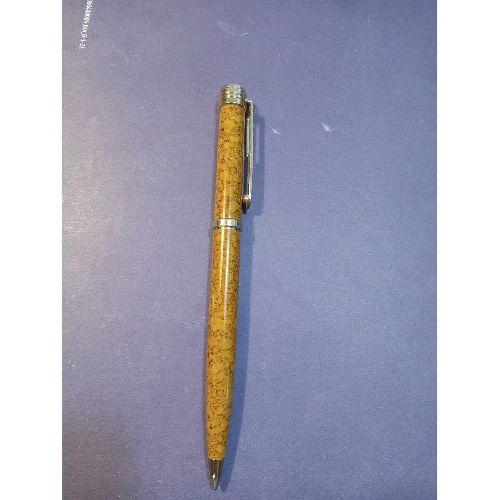 Yellow Marbled Resin Ballpoint Pen woodtTone Hardware Swirl Finial Accentne